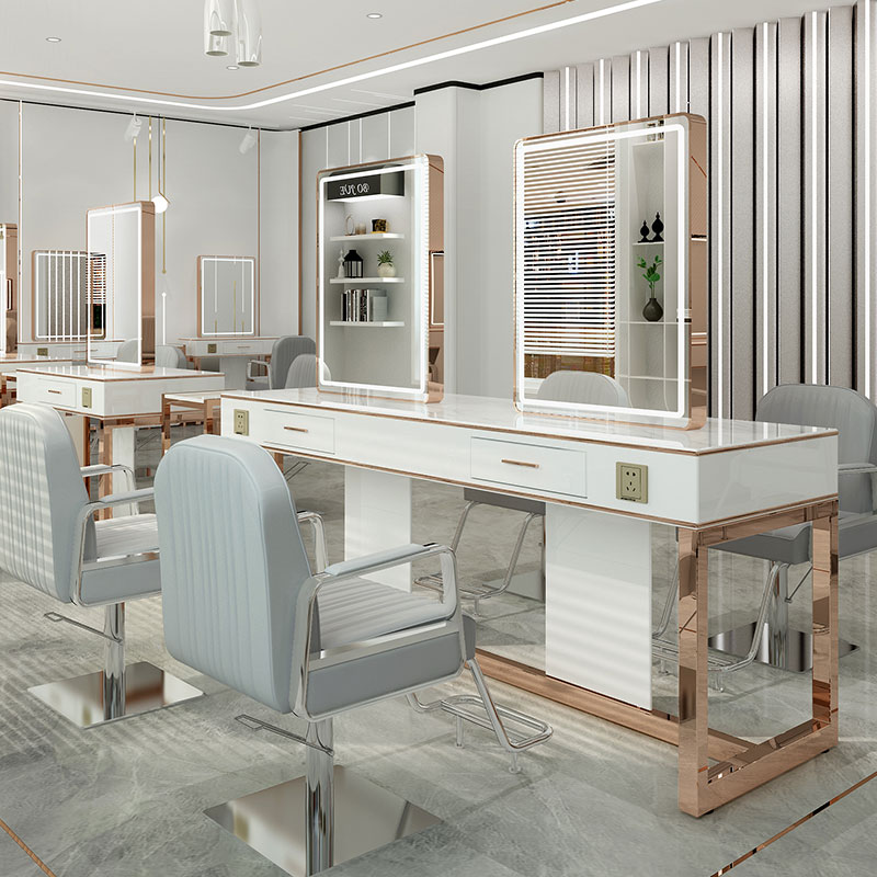 Hairdresner Shop Mirror Desk Hair Salon Special With LED Light Solid Wood Mirror Desk Photo Gallery Makeup Mirror Son Bronzing Table Beauty Hair Mirror