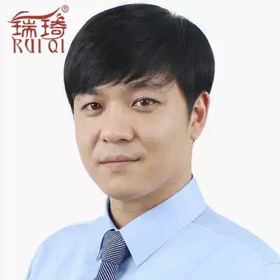 New middle-aged and elderly men's short straight hair real hair male wig middle-aged man short hair whole hand knitting needle oblique bangs