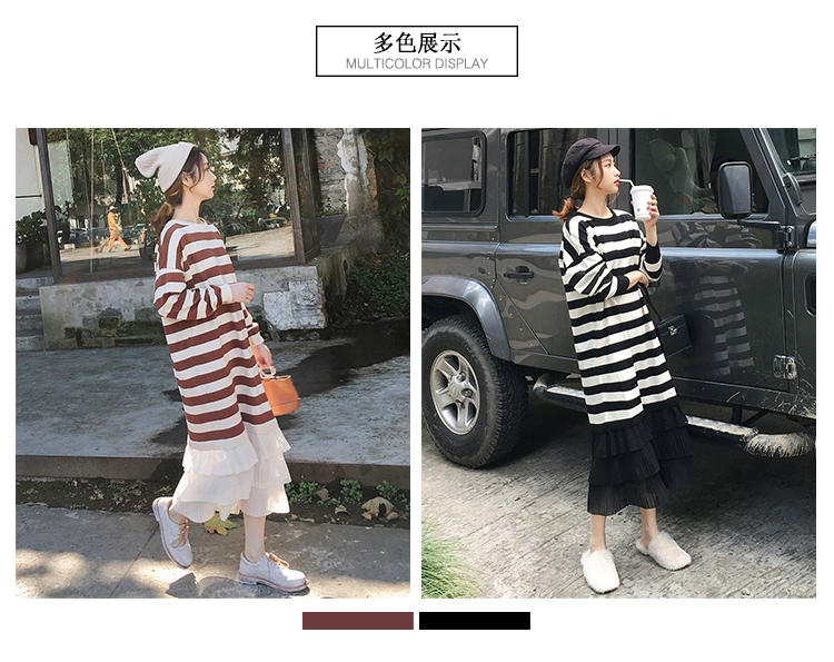 Sọc đan áo nữ mùa thu và mùa đông quần áo 2018 mới của Hàn Quốc phiên bản của áo len dài áo len lỏng lẻo trên đầu gối váy váy cho người béo