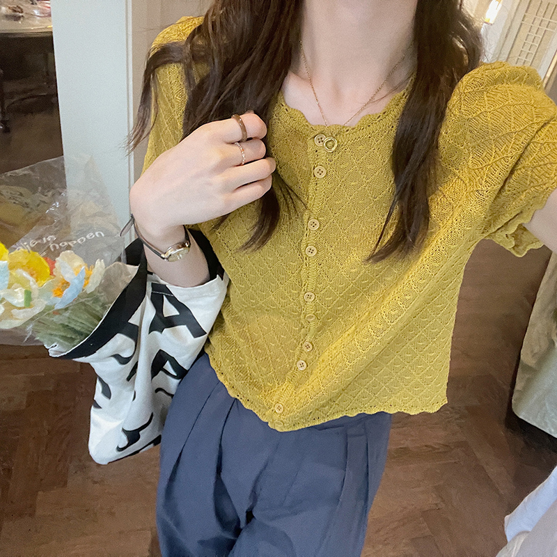 The Vitality Is Yellow And GreenBingDaily Lace collar Single breasted knitting T-shirt female 2021 summer new pattern Korean version Hollow out Short sleeve jacket