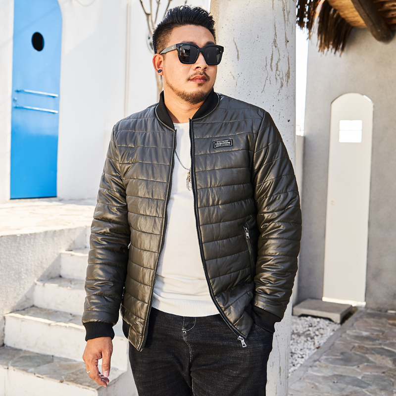 300 catty plus size Gats plus size leather clothes men chubby jacket cotton jacket fattening loose cotton suit leather outer cover winter-Taobao