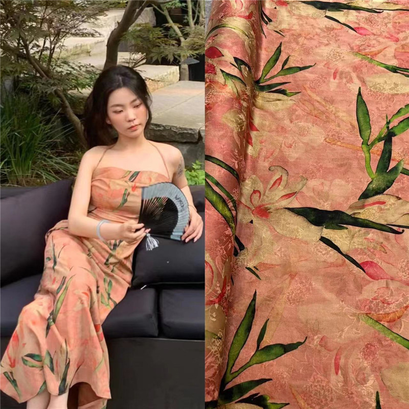 Pink Lily Flower 23mm Silk Sheer Floral Red Cloud Gauze Mulberry Silk Fabric Dress Clothing Material