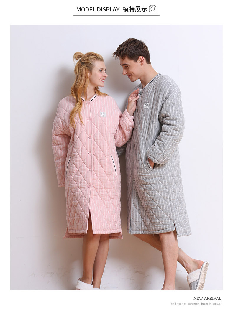 Mùa thu hươu mùa đông mới dài tay đôi dệt bông áo choàng nữ cardigan dày quilted sọc áo choàng tắm nhà nam váy ngủ nam 