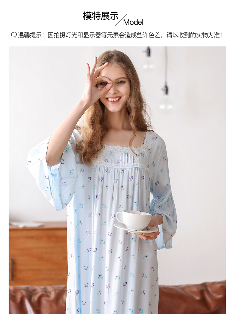 Mùa thu hươu mùa hè đơn giản phụ nữ đồ ngủ phim hoạt hình bảy- điểm tay áo nightdress váy ngắn- tay vuông cổ áo giản dị bông nhà dịch vụ