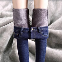Plus velvet padded jeans womens winter feet stretch Korean version of high waist nine points tight thin pencil warm cotton pants