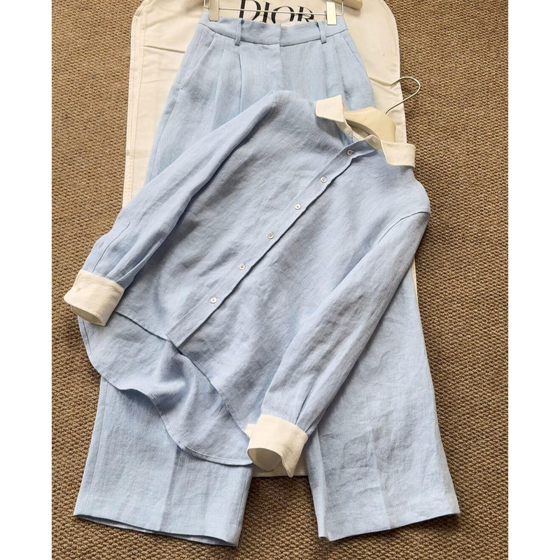 Blue Linen Shirt Set for Women, New Summer Style, Old Money Style, Slimming and Thin, Cotton-Linen Shirt and Long Pants Two-Piece Set
