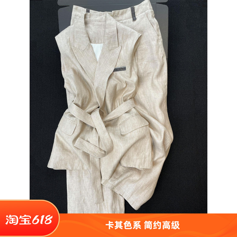 High-End Khaki Linen Suit for Women, Summer Wear, Old Money Style, Relaxed Fit, Sleeveless Blazer Vest and Long Pants Two-Piece Set High-End Khaki Linen Suit for Women, Summer Wear, Old Money Style, Relaxed Fit, Sleeveless Blazer Vest and Long Pants Two-Piece Set