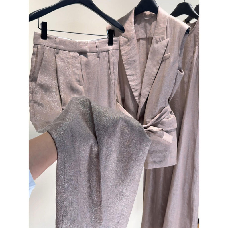 Old Money Style Linen Sleeveless Vest Suit for Women, Summer High-End Waist-Cinching Tie Commuter Suit with Wide-Leg Pants Two-Piece Set