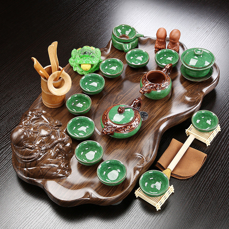 Tea set Household set Kung Fu ceramic Simple Purple Sand Ice cracked glass Teacup Tea ceremony Solid wood tea tray