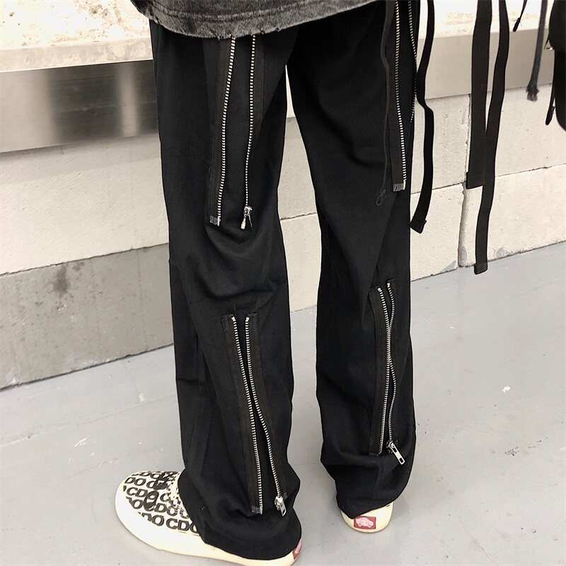 2022 Fall New South Korea Retro High Street Pull Chain Black Workout Pants Straight Barrel Loose Pants Male And Female