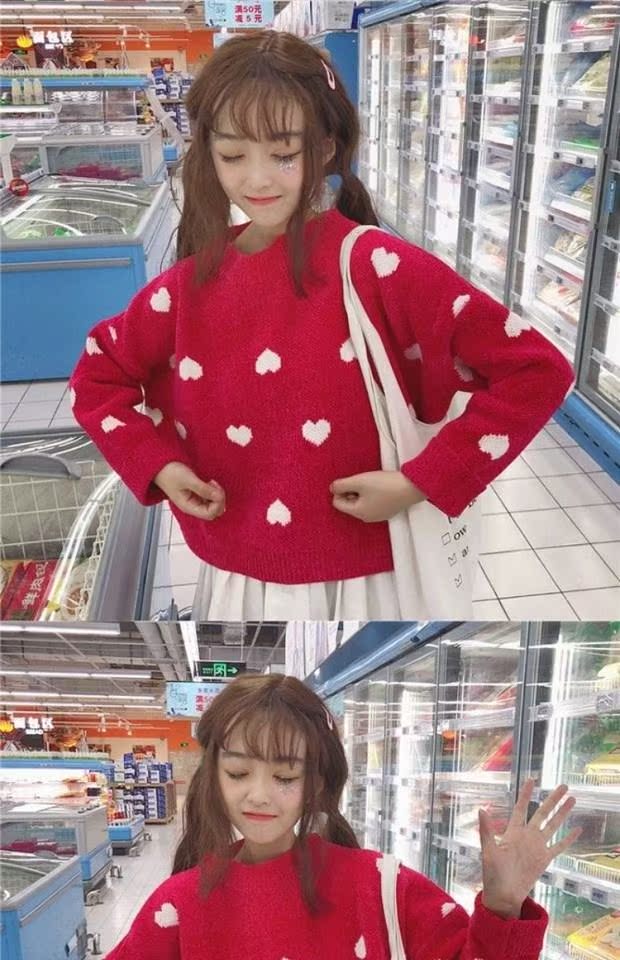 Áo len mùa thu phiên bản Hàn Quốc ngọt ngào yêu gió màu đỏ lưới dài tay áo thun rộng tay áo len nữ cổ tròn áo len đẹp