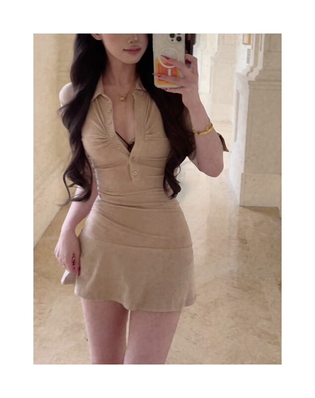 Softruan - Polo Era American Retro Hot Girl Short-Sleeved Dress for Women, Waist-Cinching, Slimming, Bodycon Dress