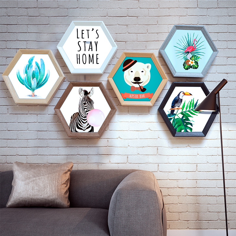 Solid Wood Hexagonal Photo Frame Wall Hanging Combination Photo Wall Frame Wall Rhombus Hexagonal Picture Frame Irregular Simple Cultural Wall
