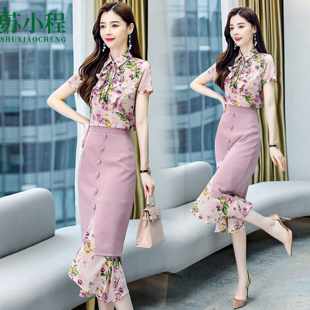 Chiffon Floral Shirt Suit Skirt Women's Summer 2023 New Korean Version Slim Goddess Fan Stitching Age-Reducing Long Skirt