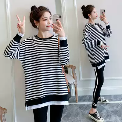 Pregnant women autumn 2021 fashion set striped loose round neck sleeve casual top wear base shirt two-piece set