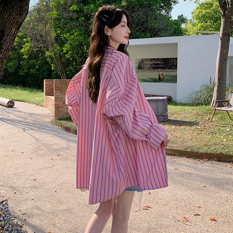 Pink French-Style Design Niche Long-Sleeve Striped Shirt for Women 2026 Spring Plus Size Lazy Style Long Shirt Jacket