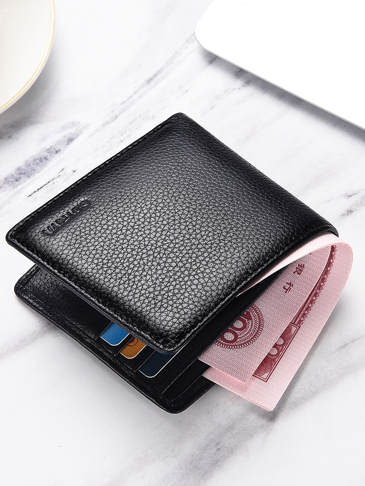 Yercon Men's Wallet Short Dermis genuine leather Youth headlayer Bull Leather Tide Card Ultra Slim Money Clip Horizontal minimalist thin sheet High