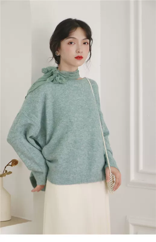 "Hai chiếc áo len trước và sau" Áo len cổ tròn có ren, áo len nữ rộng rãi, áo len cashmere hàng đầu - Vòng cổ áo len