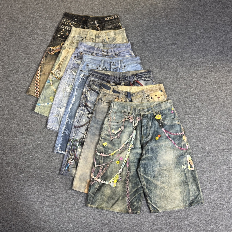 In-Stock Ac Style 3D Printed Pants, Distressed Mud-Dyed, Loose-Fitting Mid-Waist Pocket Denim Shorts, Unisex