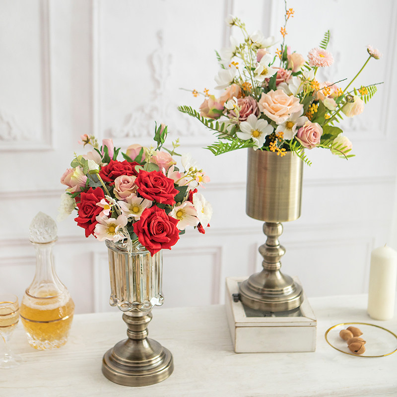 Eurostyle Crystal Glass Floral Flower Arrangement Fake Flower Vase Flower Vase Bouquet Suit Home Living Room Adornment Pendulum