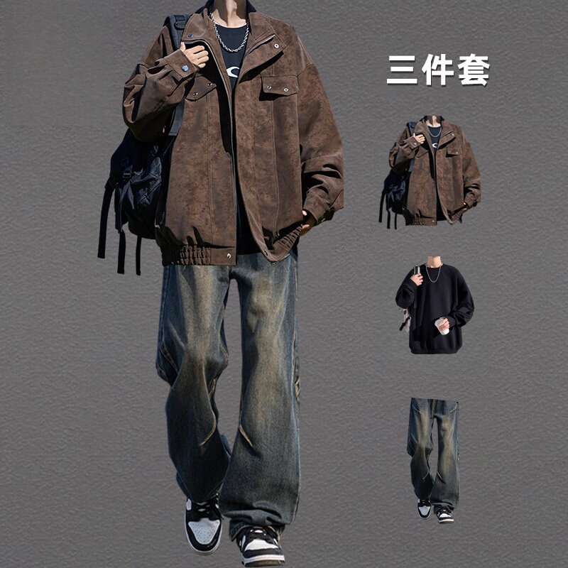 Spring and Autumn Leather Jacket for Men Paired with High Street Jeans, a Men's American Retro Casual Suit Set, Trendy