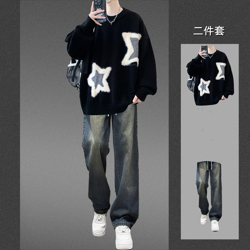Spring and Winter Sweaters, High-End Men's Suits, American-Style Heavyweight Retro Lazy Knitwear Paired with High-Street Jeans