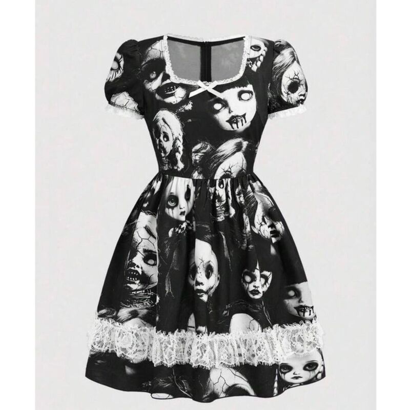 Subculture Dark Horror Doll Print Dress Gothic Style Puff Sleeves Lace Waist-Cinching Halloween Dress Subculture Dark Horror Doll Print Dress Gothic Style Puff Sleeves Lace Waist-Cinching Halloween Dress