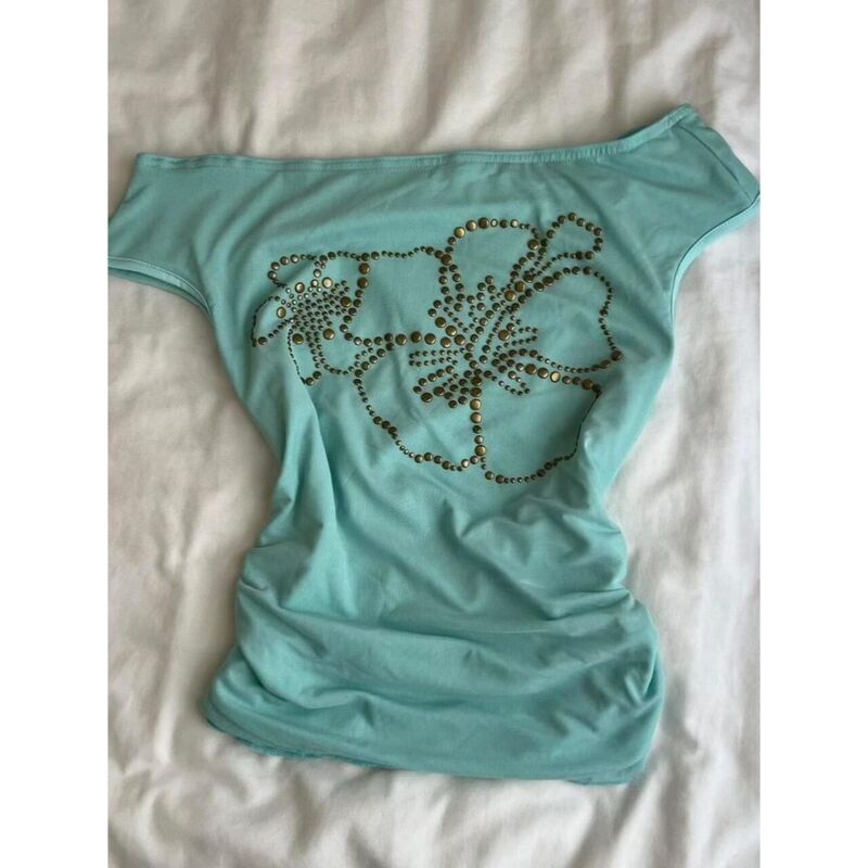 Y2K Millennial Sweet and Spicy Style Off-Shoulder Top Fresh Retro Mint Green Rhinestone Floral Top T-Shirt for Women 2026 New Style
