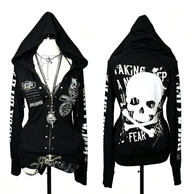 Y2K Punk Skull Hooded Zip-Up Jacket with Dark Rivets, Badge Print, Waist-Cinching, Slimming, Hot Girl Cardigan Sweatshirt