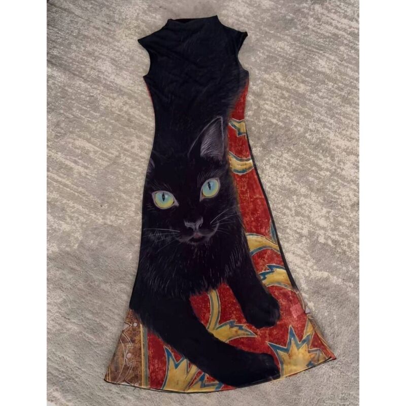 French Retro Artistic Black Cat Print Sleeveless Vest Fishtail Skirt Women's Slim Fit Stretchy Long Dress French Retro Artistic Black Cat Print Sleeveless Vest Fishtail Skirt Women's Slim Fit Stretchy Long Dress