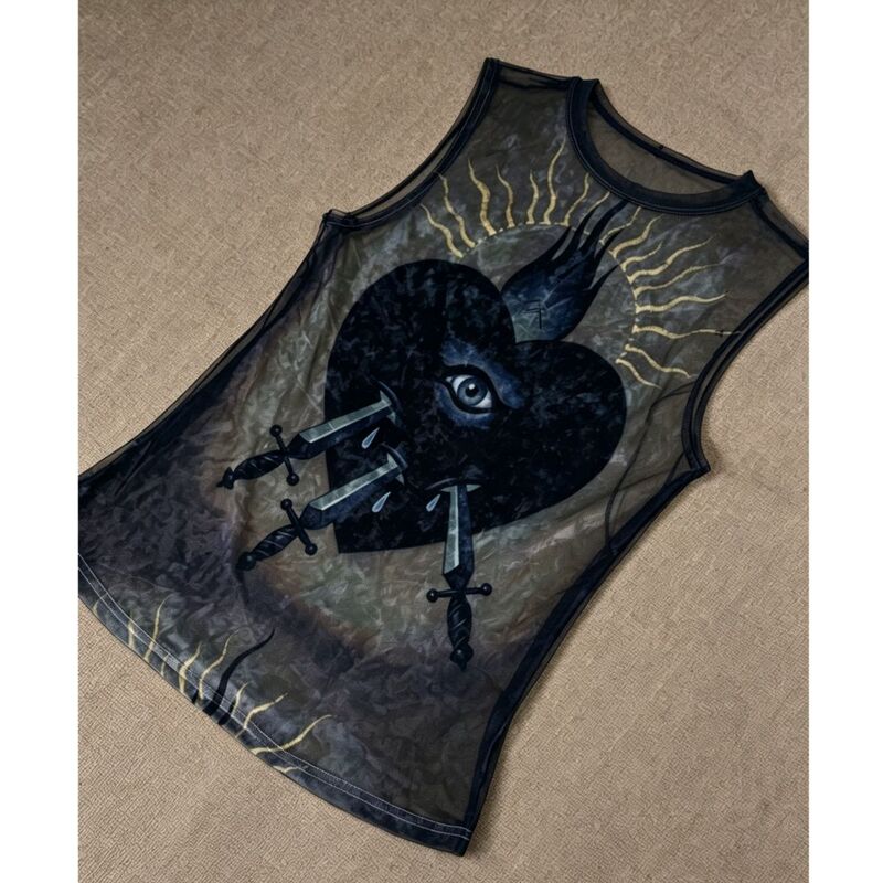 Subculture Punk Gothic Dark Devil's Eye Mesh Vest for Women Summer Y2K Hot Girl Thin See-Through Black Sleeveless Top Subculture Punk Gothic Dark Devil's Eye Mesh Vest for Women Summer Y2K Hot Girl Thin See-Through Black Sleeveless Top