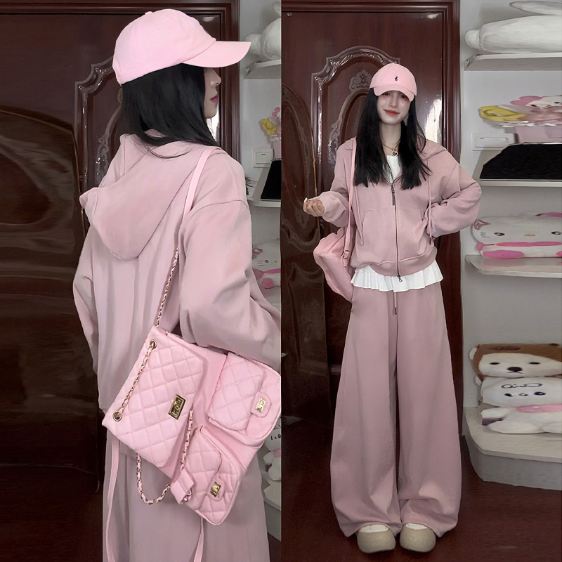 Early Autumn Pink Japanese-Style Casual Running Sports Suit for Women, Autumn 2026 New High-End Sweatpants Two-Piece Set