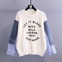 Small fresh autumn clothing 2021 new letters printed sweater with female design sense splicing fake two foreign air knitted blouses
