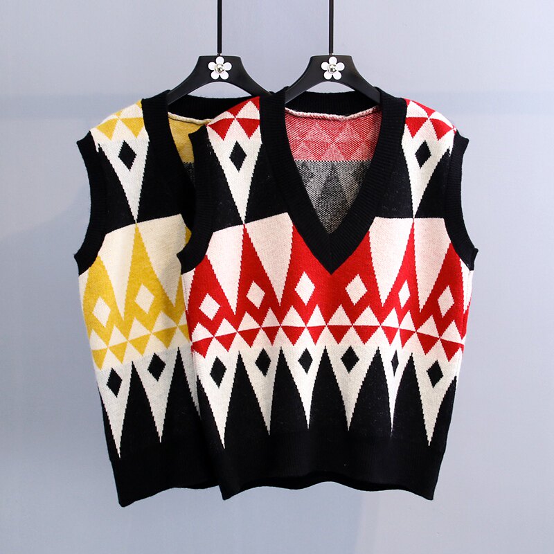 V-neck sweater vest jacket women's 2022 new Western style sleeveless loose Korean version of the diamond lattice knitted vest vest