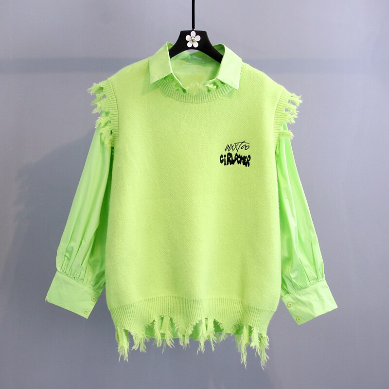 Fashion Internet celebrity cartoon knitted vest women's two-piece sleeveless sweater 2022 new outer wear long-sleeved shirt suit