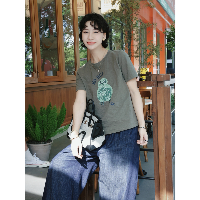 Tt Designer [Owl] 100% Bamboo Cotton Owl Print T-Shirt Vintage Breathable Lightweight Short Sleeve for Women