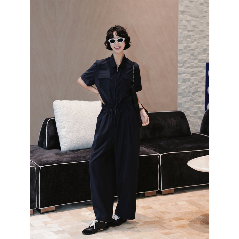 Tt Designer [Summer Dream Awakens] Lapel Half-Zip Workwear Jumpsuit Short Sleeve Waist-Slimming Jumpsuit