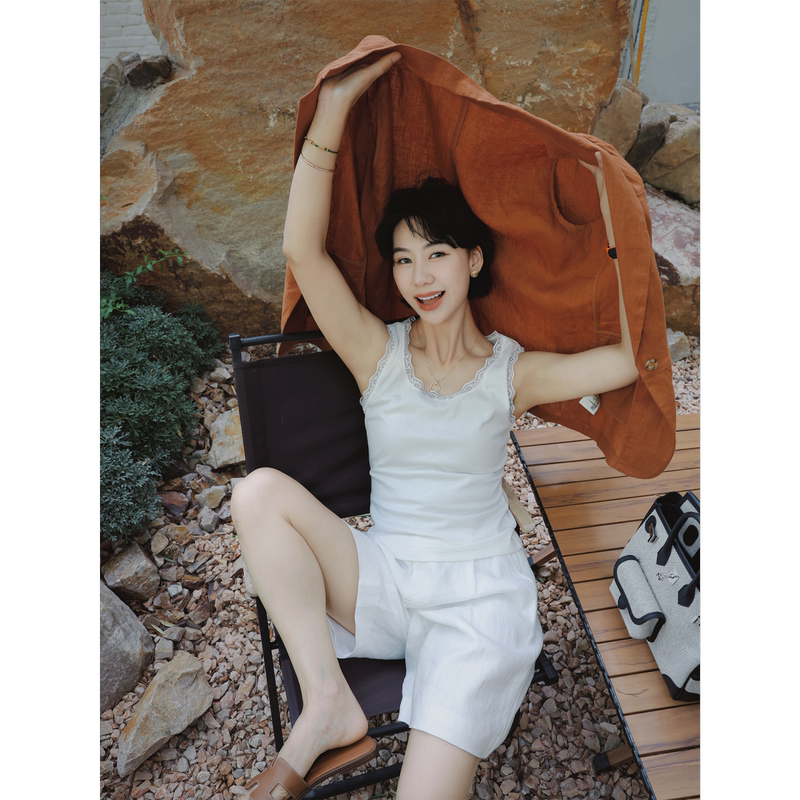 Tt Designer [French Lace] Silk Acetate Linen U-Neck Cotton Vest Summer Lace Trim Sleeveless Top