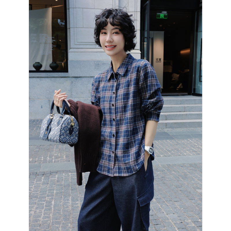 Tt Designer [Blue Tone] Pure Cotton Yarn-Dyed Navy Blue Plaid Shirt for Women, New Japanese Style Long-Sleeve Shirt