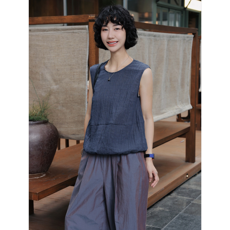 Tt Designer [Ha Ying] Ramie Tencel Blend Striped Tank Top Summer New Loose Casual Sleeveless Top for Women