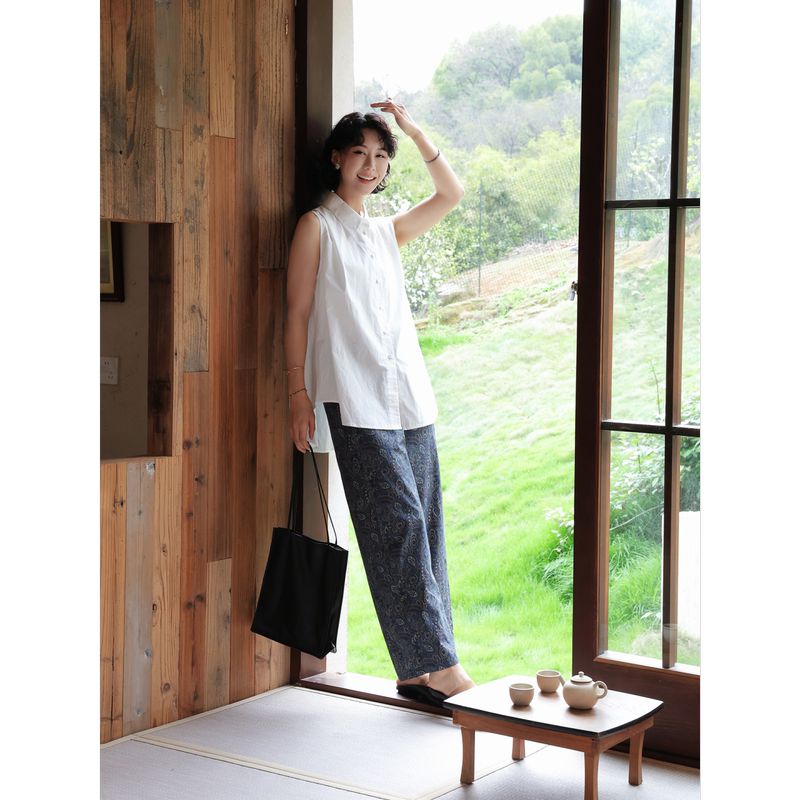 Tt Designer [Smell the Falling Flowers] Design-Inspired Wide-Shoulder Sleeveless Shirt, Summer Slimming and Body-Covering A-Line Hem Jacket