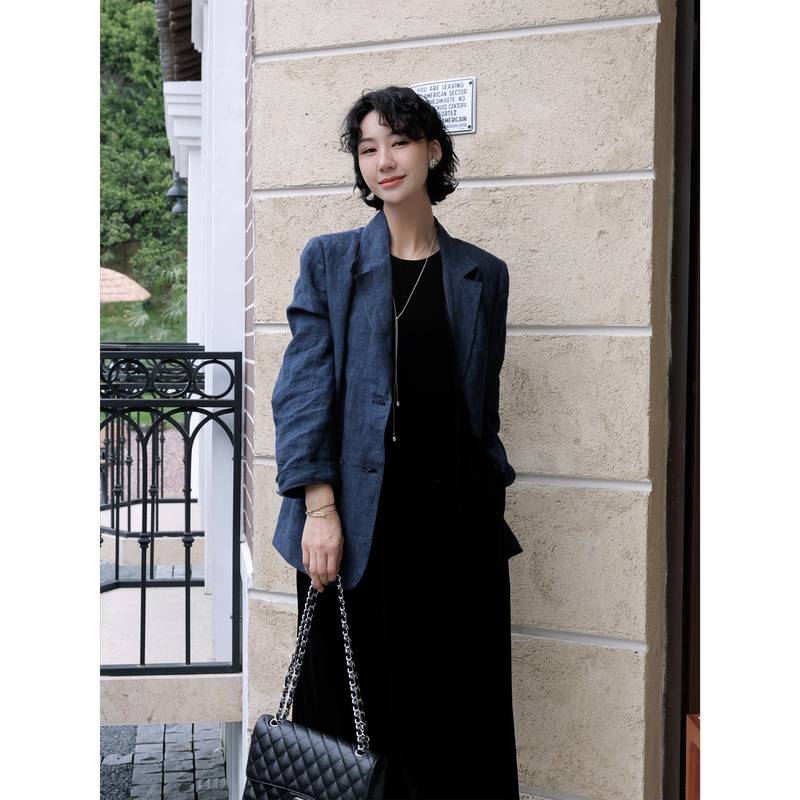 Tt Designer [Sea Salt Water] Navy Blue Fashionable Linen Suit High-End Versatile Casual Thin Jacket