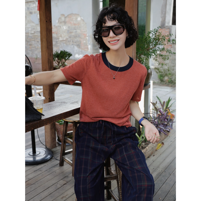 Tt Designer [Color Jumping Formula] Lyocell Linen Thin Knit T-Shirt for Petite Figures, Relaxed and Lazy Short Sleeves