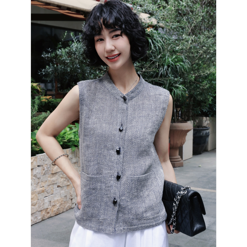 Tt Designer [Linen Letter Paper] 16-Count 100% Linen Vintage Stand-Up Collar Vest for Women, New Summer Sleeveless Top