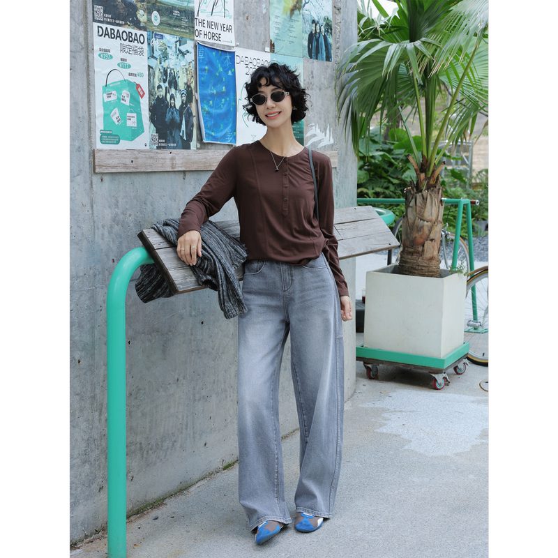 Tt Designer [Relaxed Perception] Lyocell Wool Blend Long Sleeve T-Shirt for Women, High-Quality Textured Inner Layer Top