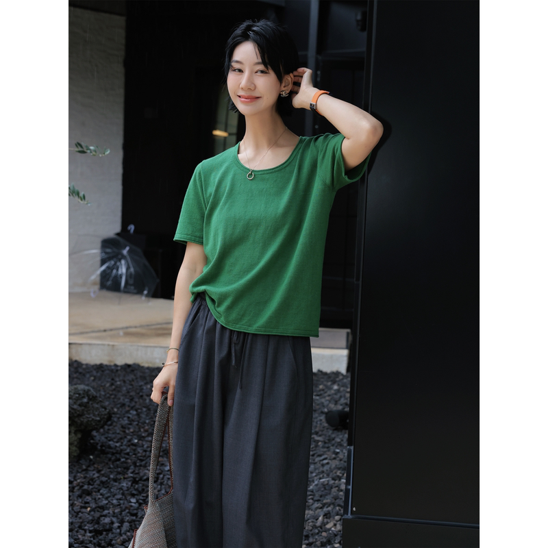 Tt Designer [Ice Mint] Fresh Green Knitted Ramie-Cotton Blend T-Shirt for Women, Summer Basic Short Sleeve