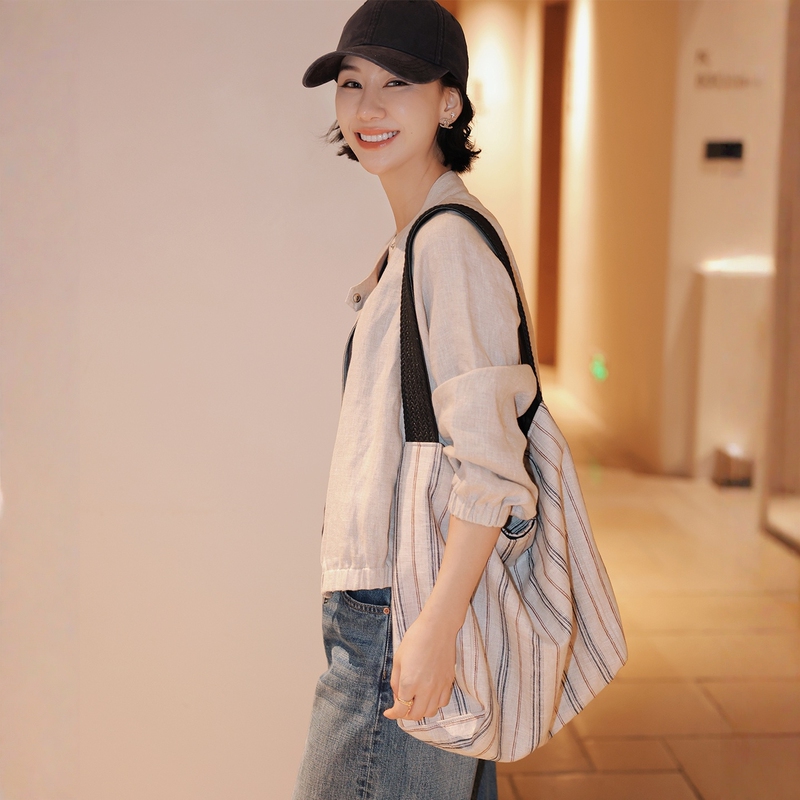 Tt Designer [Illustration] 2026 New Solid Color Woven Linen Striped Large Capacity Casual Shoulder Tote Bag for Women