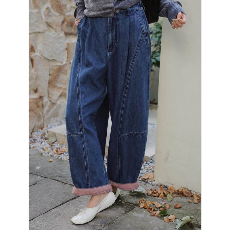 Tt Designer [Blue Echo] Vintage Tencel Cotton Deconstructed Workwear Three-Dimensional Cut Autumn Denim Wide-Leg Pants