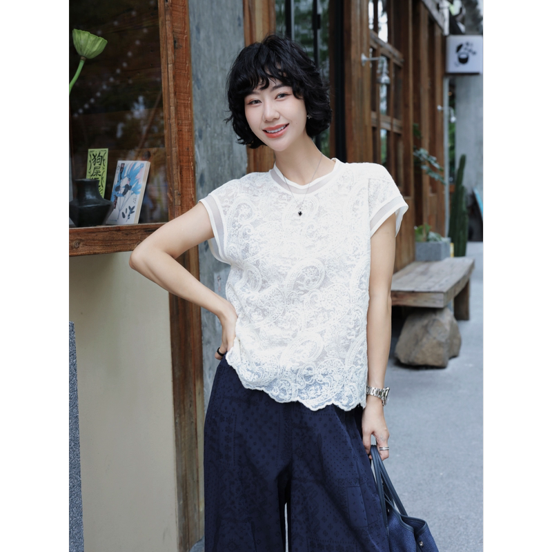 Tt Designer [Summer Mist Light Shadow] Heavy Jacquard Wave Lace Blouse Women's Summer Hollow Knit Top