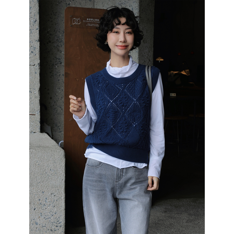 Tt Designer [Blue Mist in the Morning] Heavy-Duty Diamond-Cut Hollow-Out Pure Cotton Vest for Women, Autumn Blue Sleeveless Layered Vest